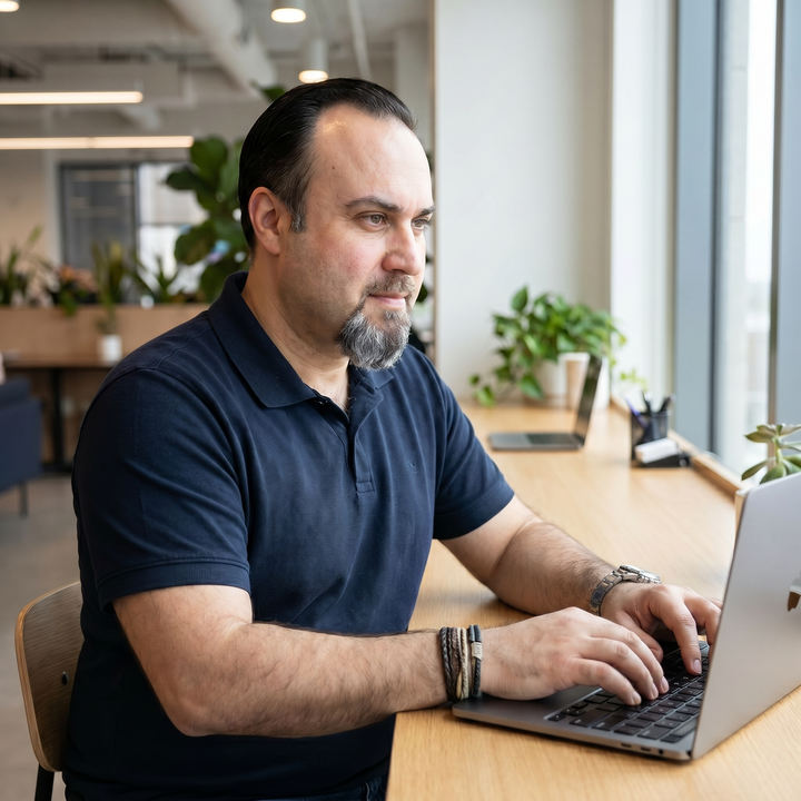 Chris Ungureanu working on a laptop in a modern co-working space