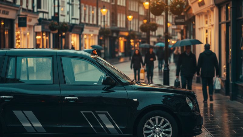 Local taxi parked on a high street at dusk, representing local advertising for taxi companies