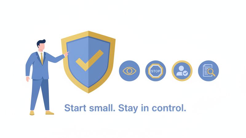 AI agent safeguards: monitoring, kill switch, human in the loop, and audit trail around a protective shield with the message Start small, Stay in control
