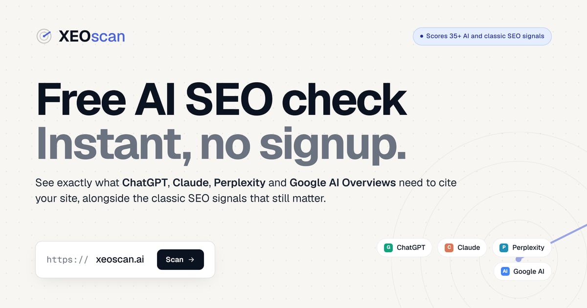 XEOscan dashboard showing AI SEO audit results across ChatGPT, Claude, Perplexity and Google AI