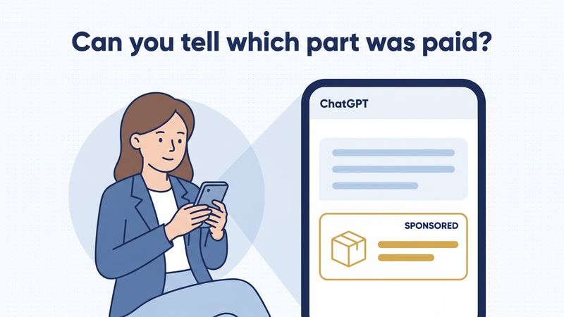 Illustration of a woman looking at her phone with a magnified phone screen showing a ChatGPT reply and a sponsored product card, headline reads Can you tell which part was paid