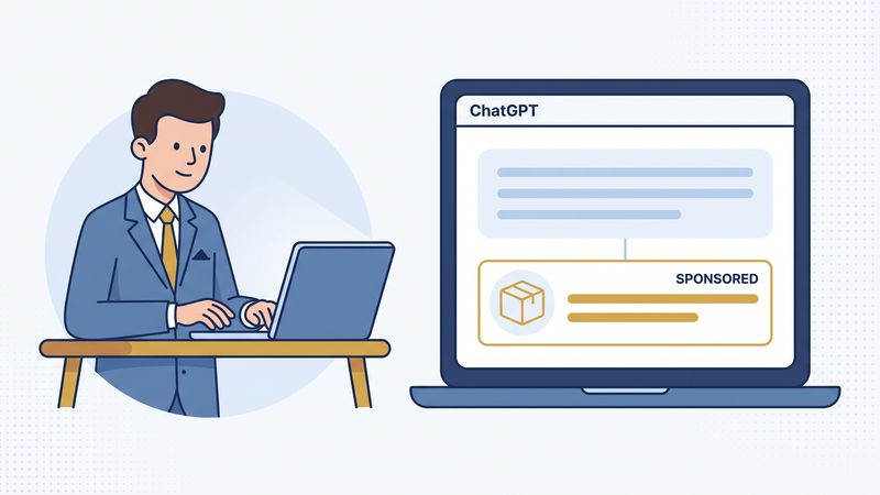 Illustration of a man at a laptop, the laptop screen showing a ChatGPT reply with a sponsored product card underneath