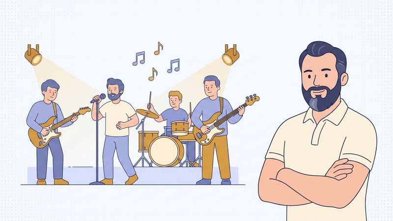 Flat vector illustration of an indie band on a small stage with a marketing consultant looking on, representing how to promote your band