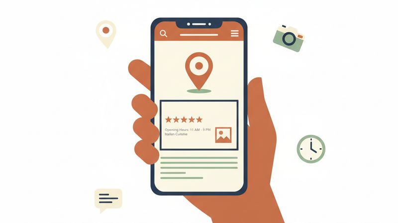 Smartphone showing a Google Business Profile search result for a local restaurant with star rating and opening hours