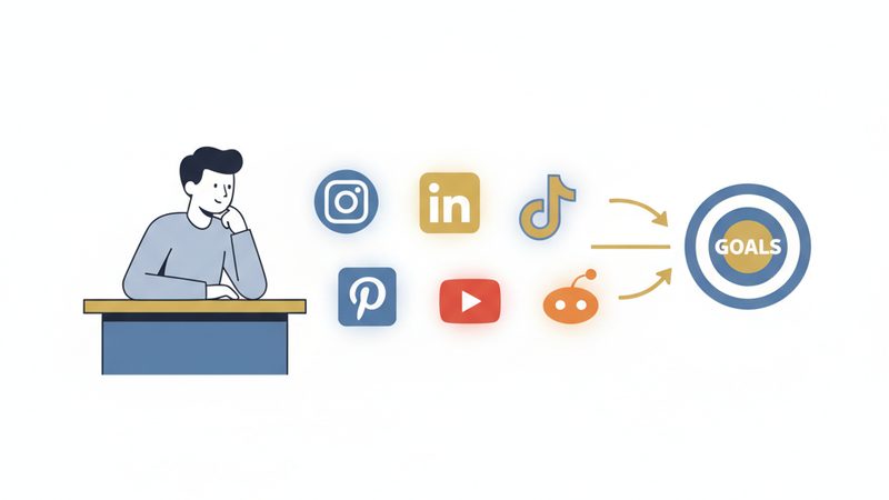 Illustration showing a business owner selecting the right social media platform to match their audience and goals