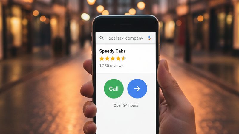 Smartphone showing a Google search result for a local taxi company with a tap-to-call button and five-star rating