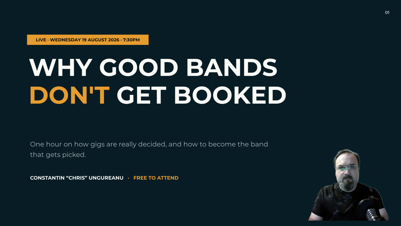 Title slide from the recording of Why Good Bands Don't Get Booked, with Chris presenting